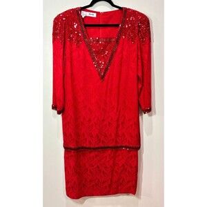 Vintage D'ore Silk Red Beaded Dress 14 Drop Waist Holidays Mature MoTB Cocktails
